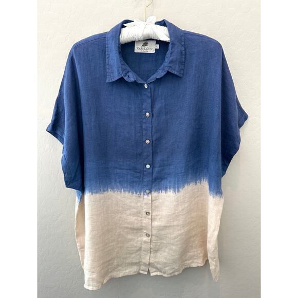 FABULOUS! | 100% Linen Blue Tan Ombre Beach Oversized Button Down Shirt | XL - Picture 1 of 7